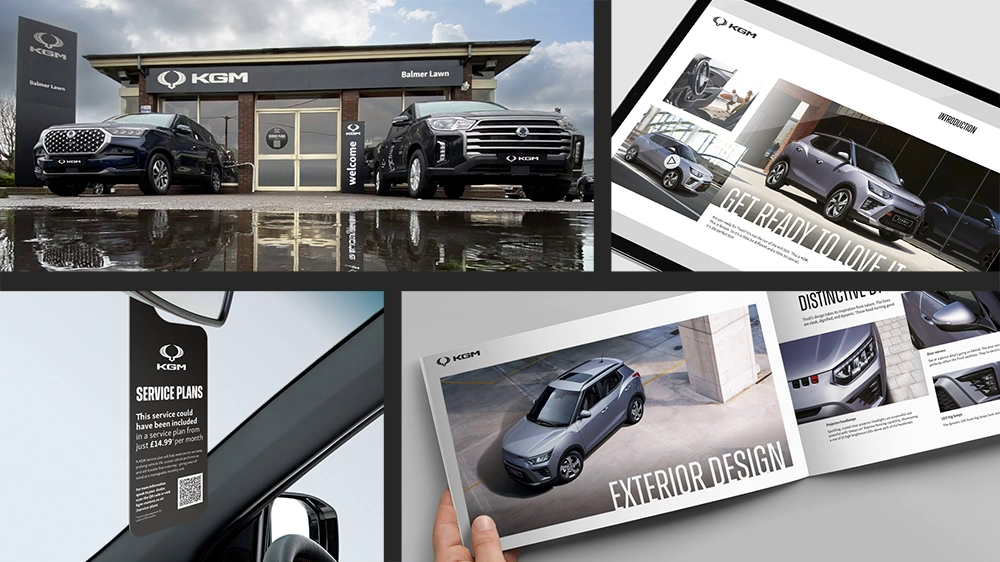 KGM brand placement examples - collage of images showing a showroom, brochure, website and point of sale